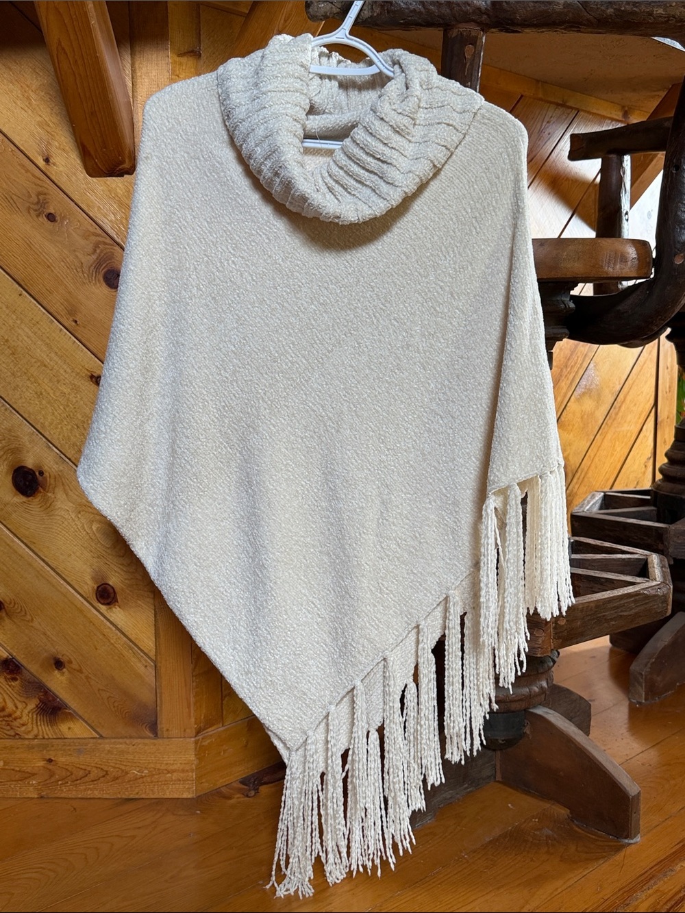 Britt’s Knits Cozy Cream Fringe Cowl Neck Poncho